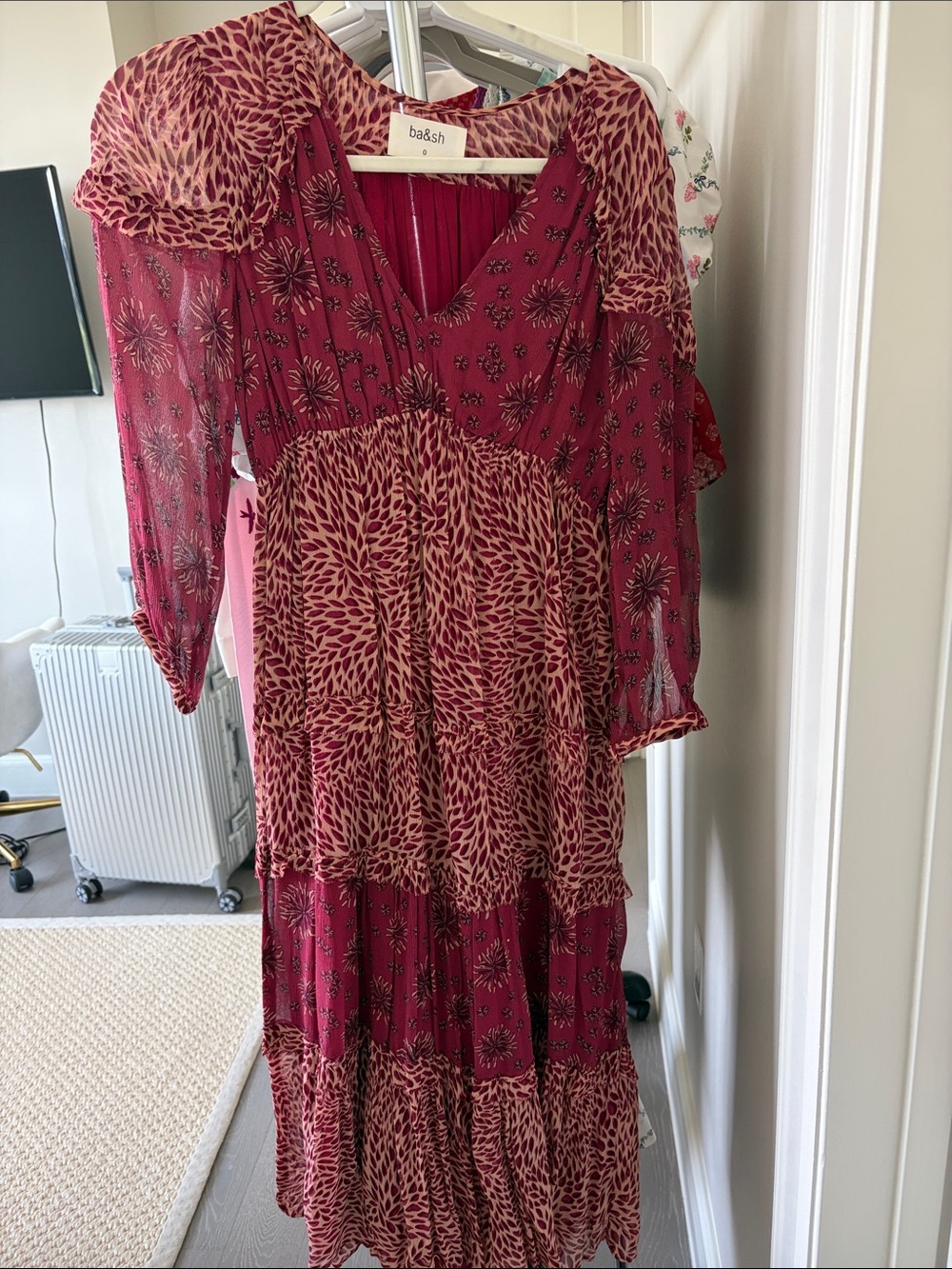 ba&sh Wine-Red Printed Tiered Maxi Dress